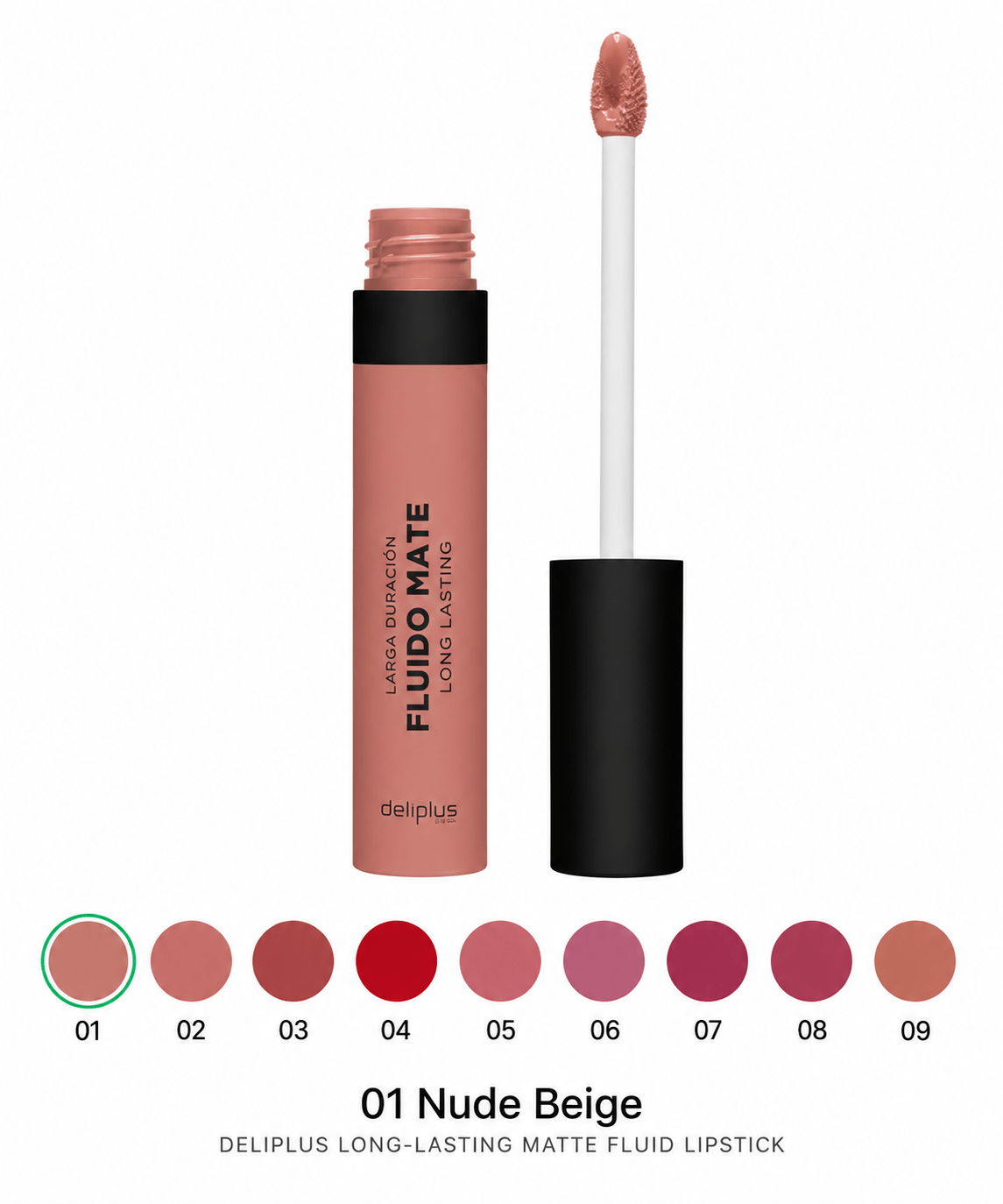 Deliplus Long Lasting Fluido Mate 01 Nude Beige vedel matt huulepulk, 5,5 ml 1 Deliplus Long Lasting Fluido Mate 01 Nude Beige vedel matt huulepulk, 5,5 ml