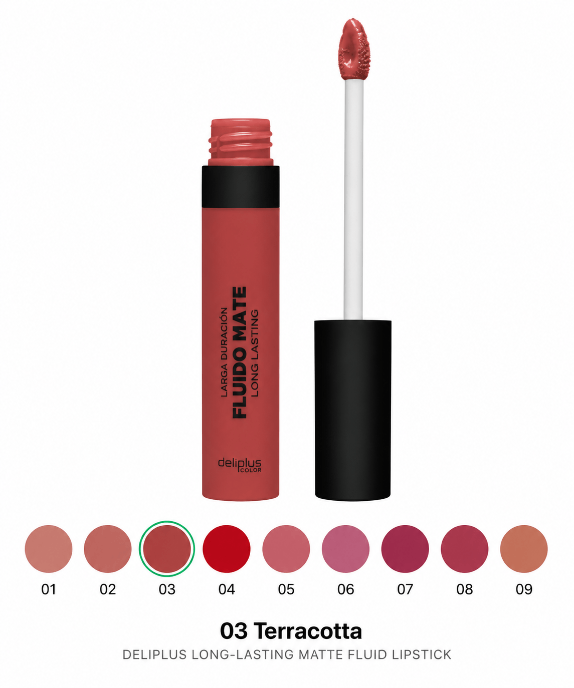 Vedel matt huulepulk deliplus Long-lasting Matte Fluid Lipstick 03 Terracotta, 5,5 ml 1 Vedel matt huulepulk deliplus Long-lasting Matte Fluid Lipstick 03 Terracotta, 5,5 ml